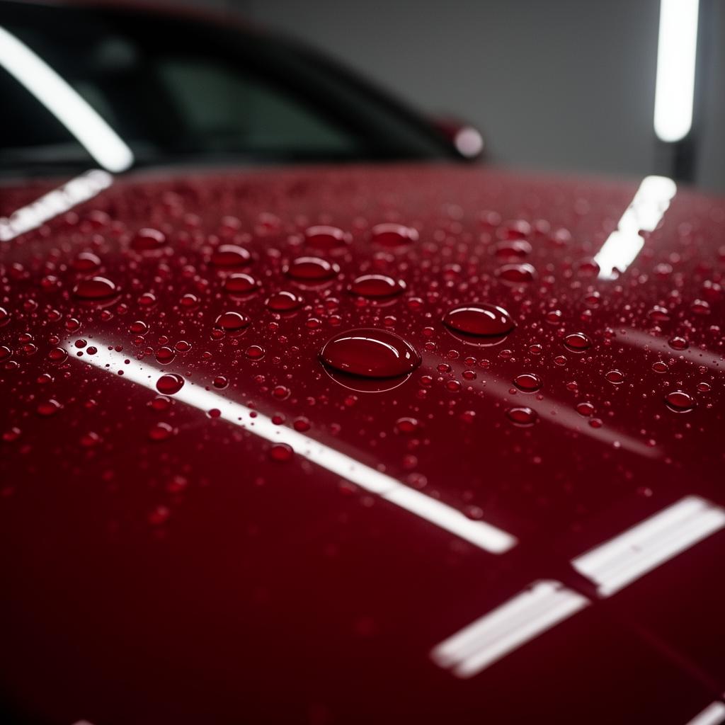 Water beading on a professionally protected red vehicle